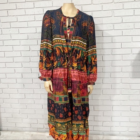 Farm Rio Mixed Fruit Floral Print Tiered Maxi Dress Navy Multicolor Boho| Size M
